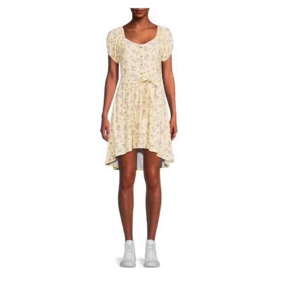 No Boundaries Juniors M 7-8 Peasant Mini Dress Yellow Floral Hi Low Summer - Picture 1 of 15